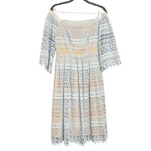 Off the Shoulder Blue Lace Dress with Lining